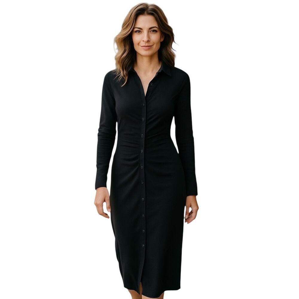 Zara Women Black Ruching Ribbed Button Front Midi Dress Size L